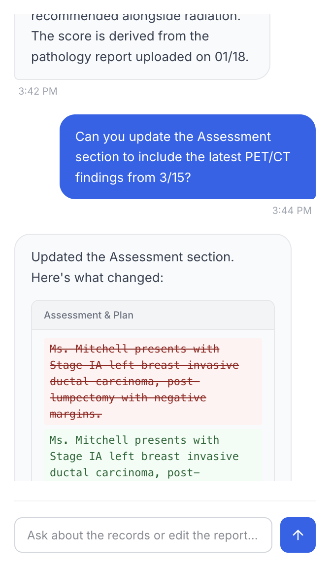 Chat panel showing diff-based report editing