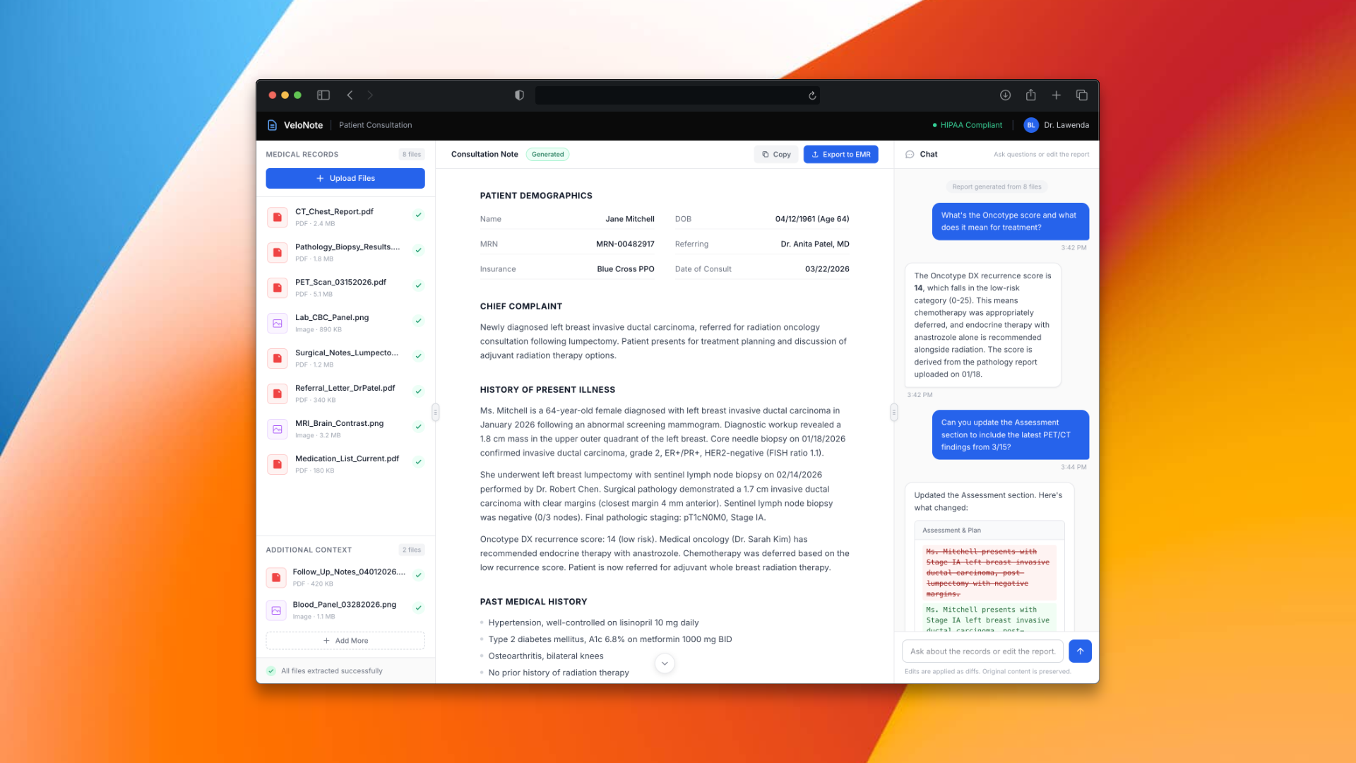 VeloNote interface showing file upload panel, generated consultation note, and chat sidebar
